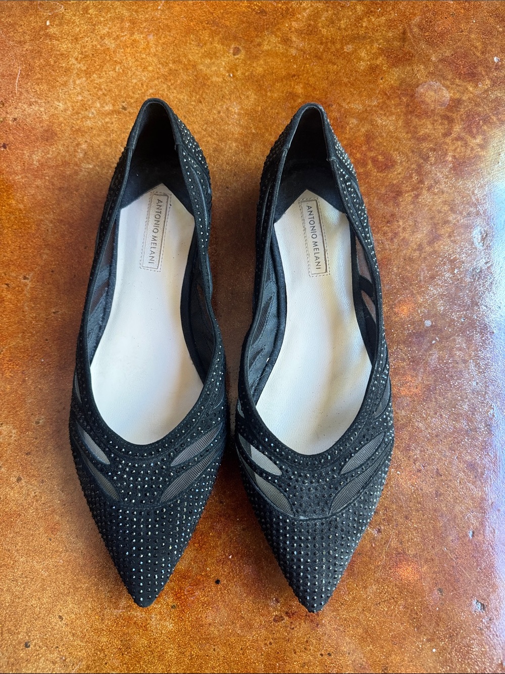 ANTONIO MELANI Black Pointed Toe Studded Mesh Flats